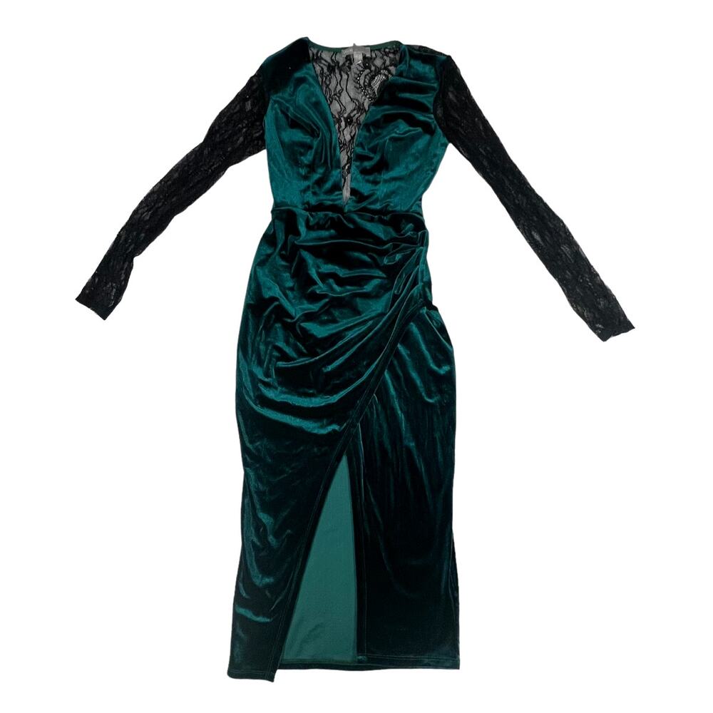 asos NWT Green velour with black lace long sleeve dress US 2